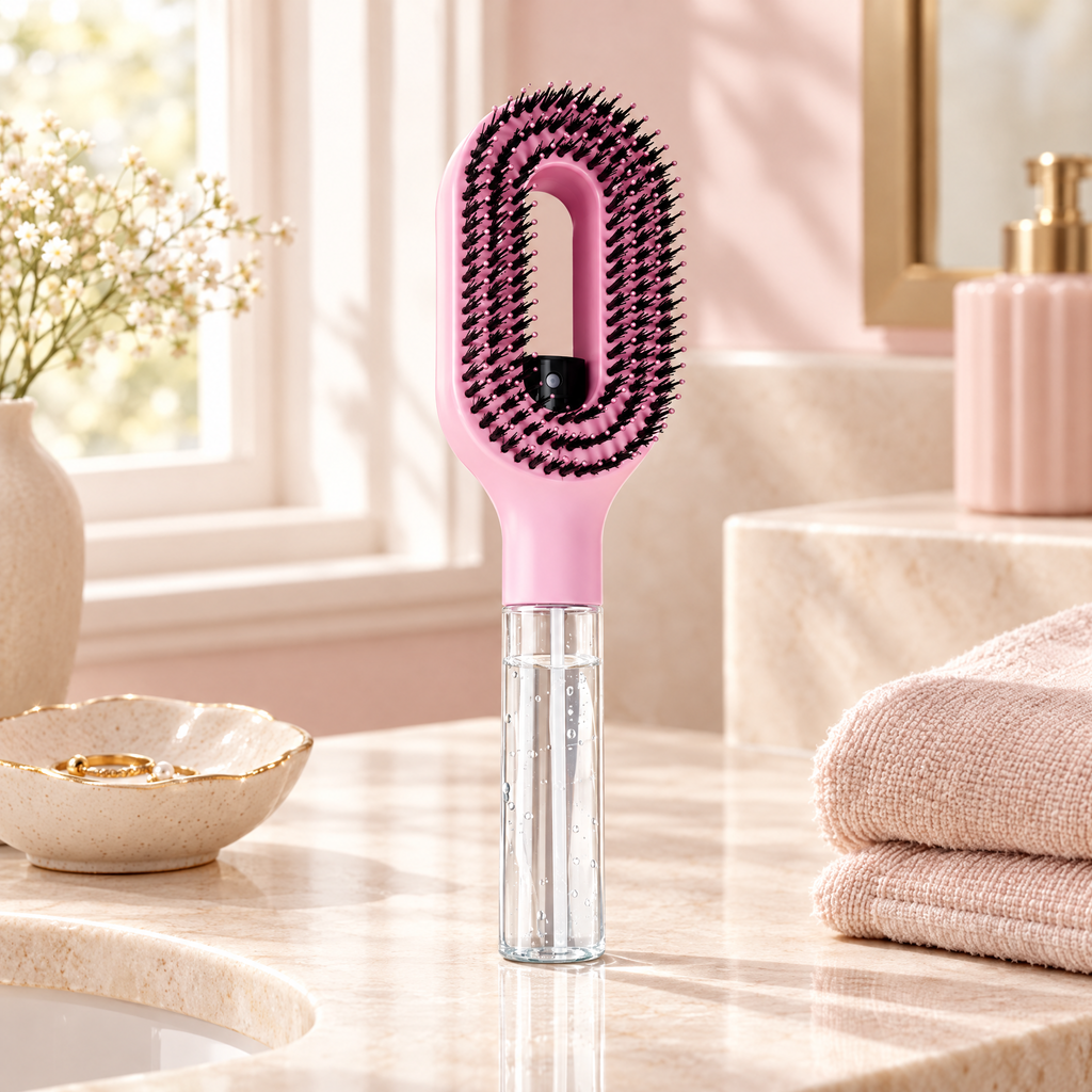 Halo Mist Brush in pink on a bathroom vanity