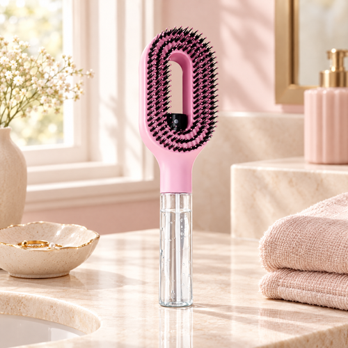Halo Mist Brush in pink on a bathroom vanity